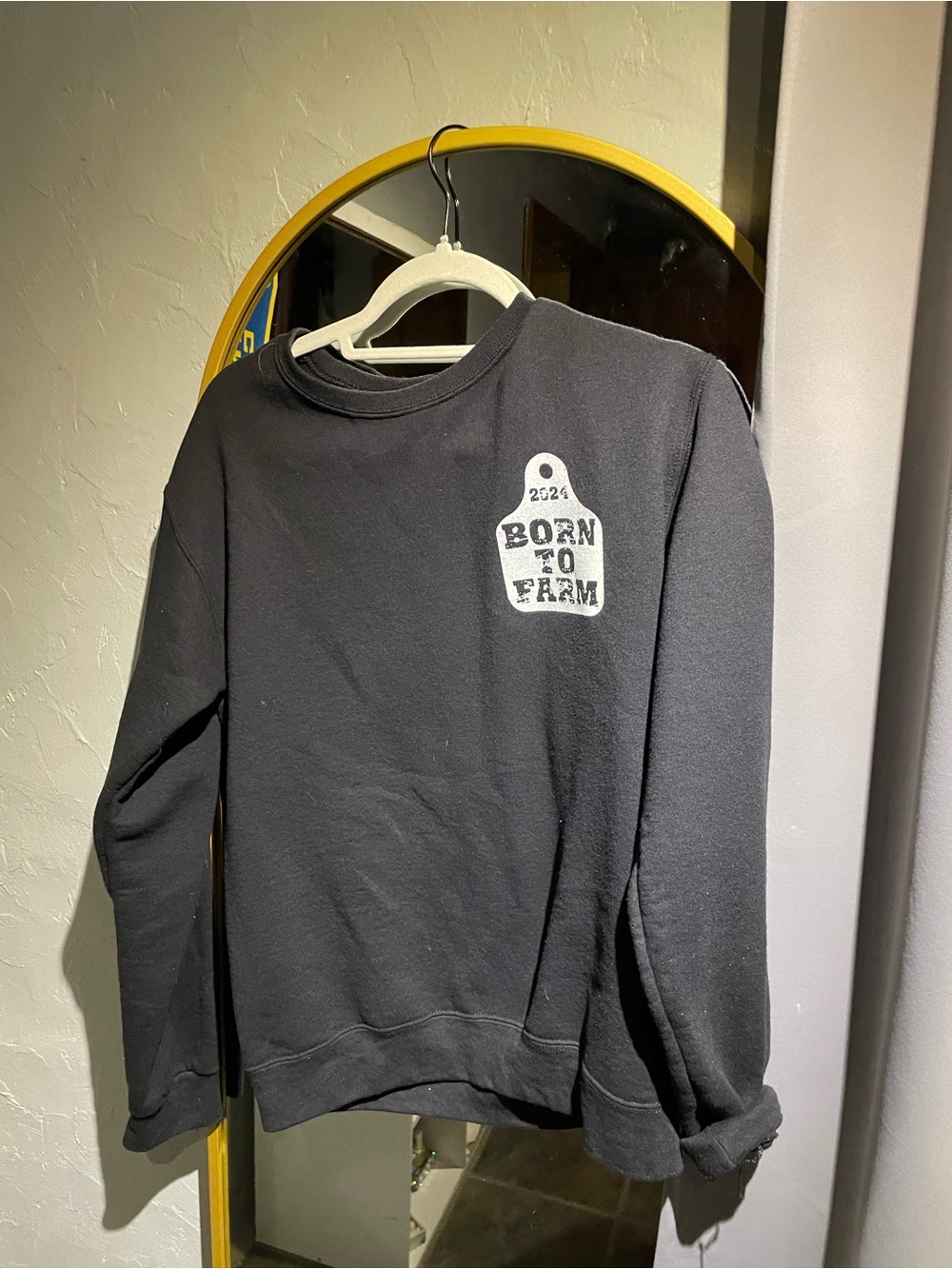 Jerzees Black Crewneck Sweatshirt with White 'Born to Farm' Tag Graphic